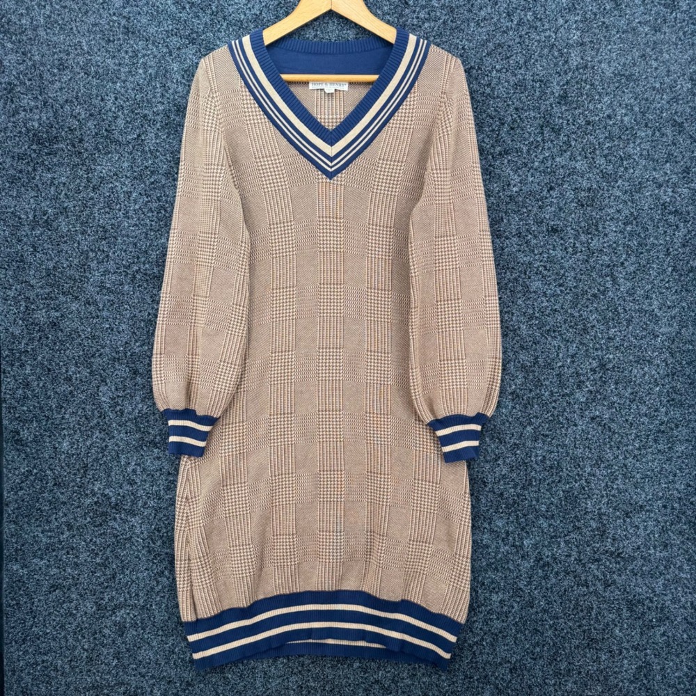 Hope & Henry Organic Cotton Plaid V-Neck Sweater Dress Tan Navy Size 2